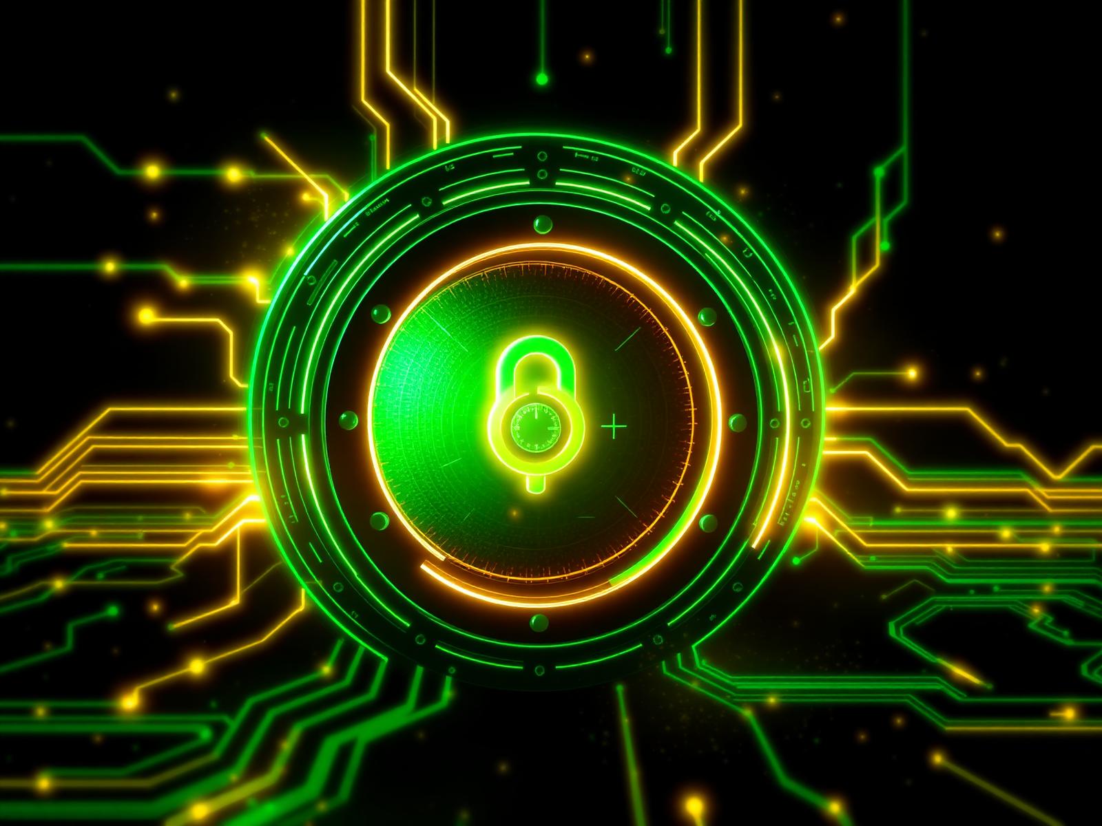 Secure payment vault with glowing neon green and yellow circuitry